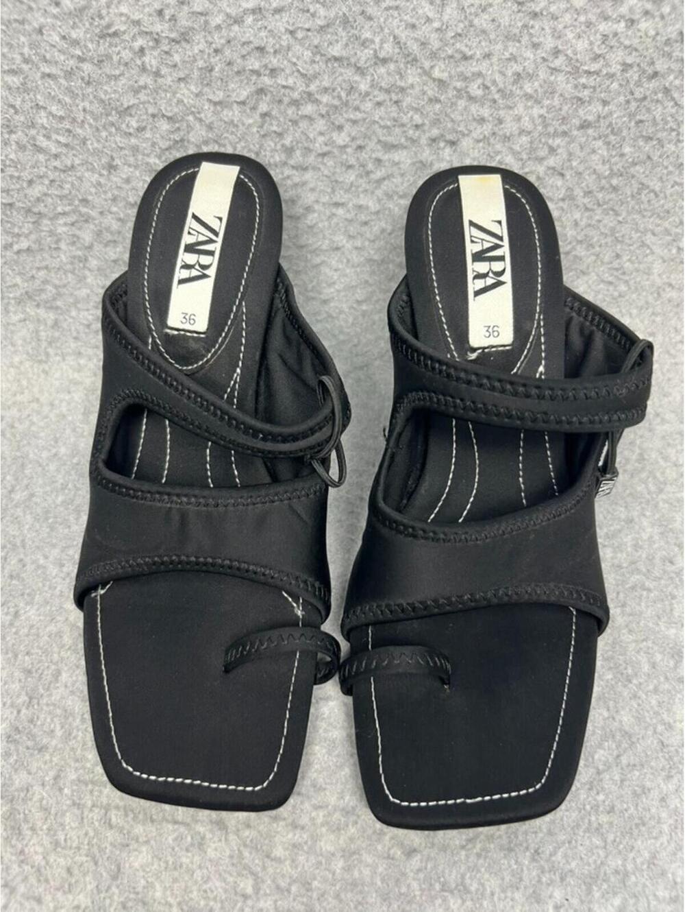 Zara Heels Neoprene Sandals size 5.5 Black Square Toe Block Heel Minimalist Chic